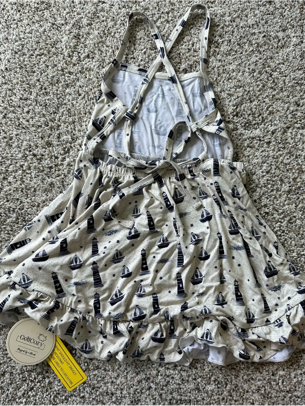 Girls Cream Nautical Sailboat & Lighthouse Ruffle Bamboo Sundress